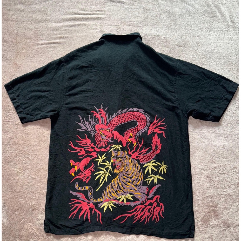 Utility Shirt Mens Button Dragon Tiger Lightweight Black Y2K Size‎ Large